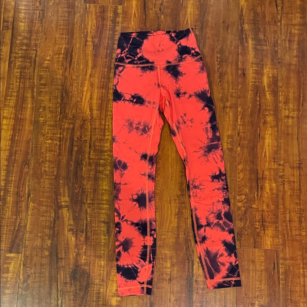 Lululemon Red & Black Tie Dye High Waisted Drawstring Waist Leggings
